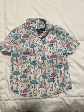 Vineyard Vines Kids Flamingo Button-Down Shirt - White with Pink, Teal & Mint